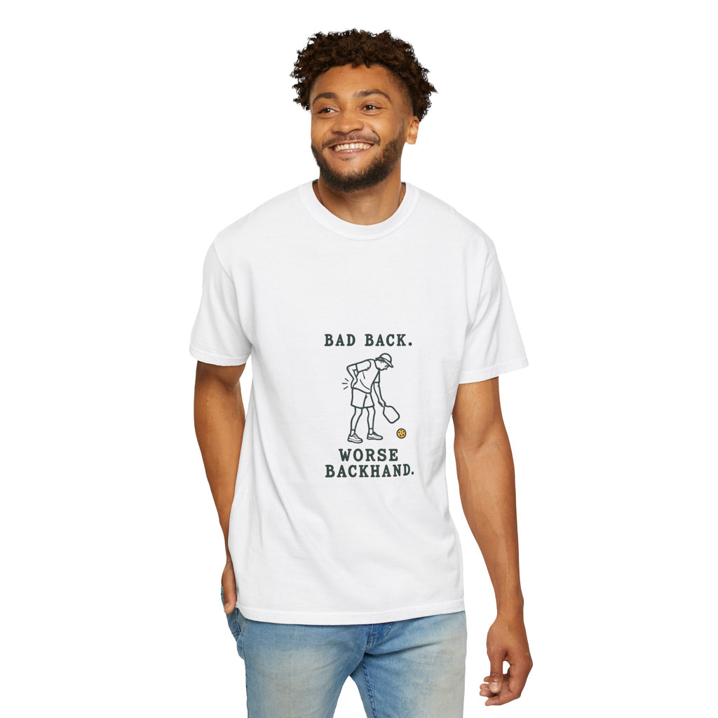 Golf Humor T-Shirt — "Bad Back, Worse Backhand" Graphic Tee