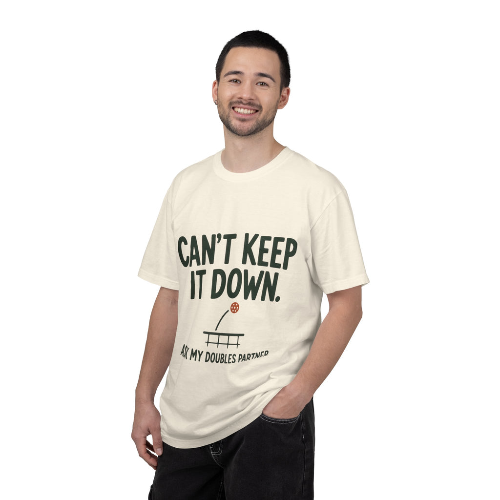 Can't Keep It Down Tennis T‑Shirt — "Ask My Doubles Partner" Funny Tennis Tee