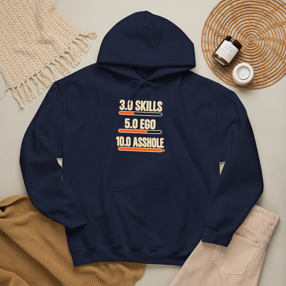 Hoodie: "3.0 Skills • 5.0 Ego • 10.0 Asshole" Funny Graphic Pullover