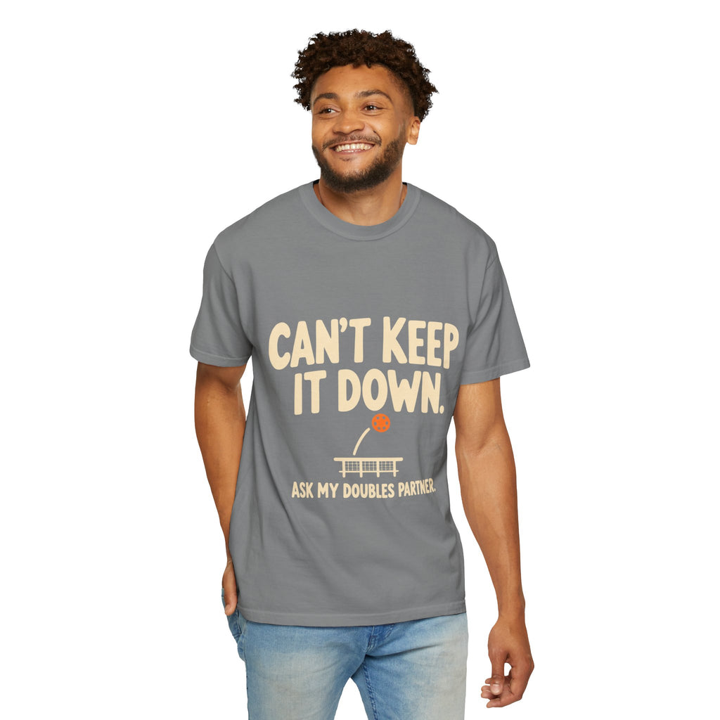 Can't Keep It Down Tennis T‑Shirt — "Ask My Doubles Partner" Funny Tennis Tee