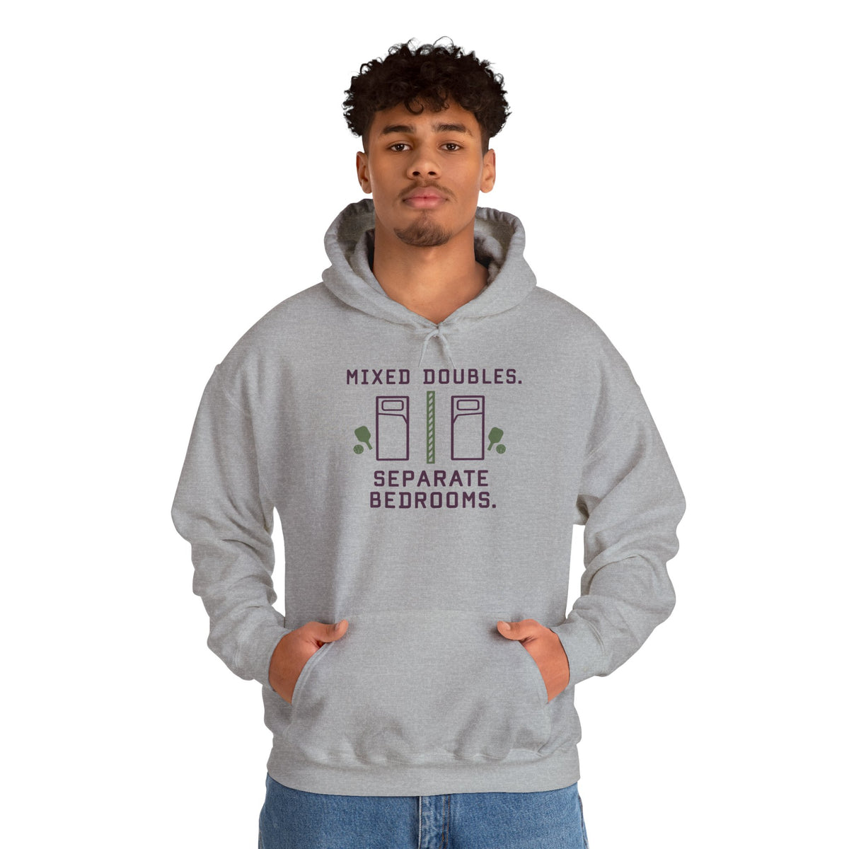 College Dorm Hoodie — “Mixed Doubles. Separate Bedrooms.” Humor Sweatshirt