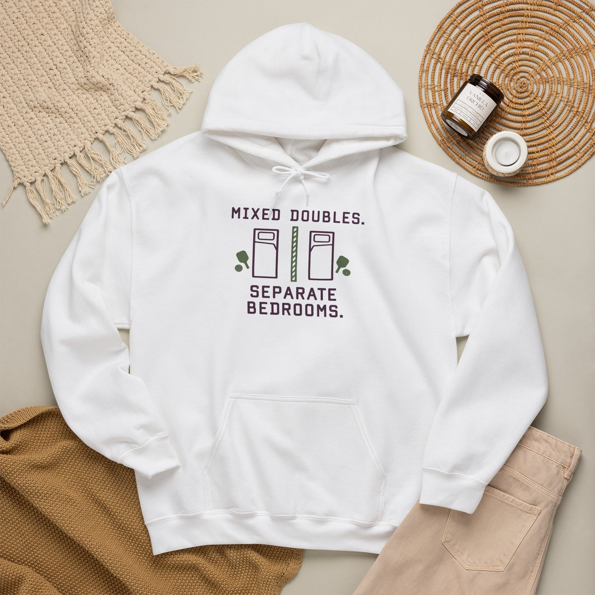 College Dorm Hoodie — “Mixed Doubles. Separate Bedrooms.” Humor Sweatshirt