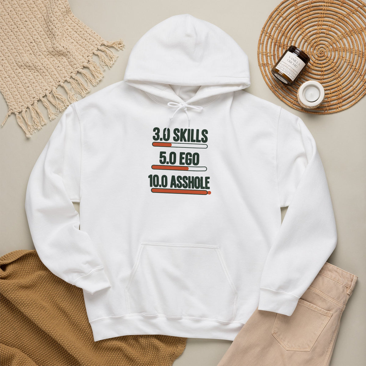 Hoodie: "3.0 Skills • 5.0 Ego • 10.0 Asshole" Funny Graphic Pullover