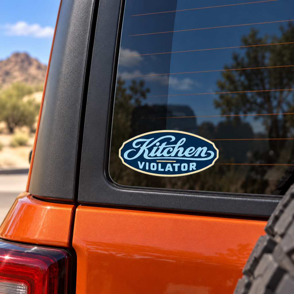 Kitchen Violator Sticker — Retro Oval Kiss-Cut Decal for Laptops, Cookbooks & Appliances