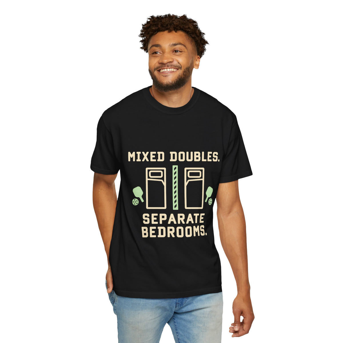 T-Shirt — “Mixed Doubles, Separate Bedrooms” Tennis Couples Humor Tee