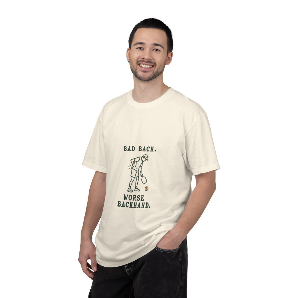 Golf Humor T-Shirt — "Bad Back, Worse Backhand" Graphic Tee