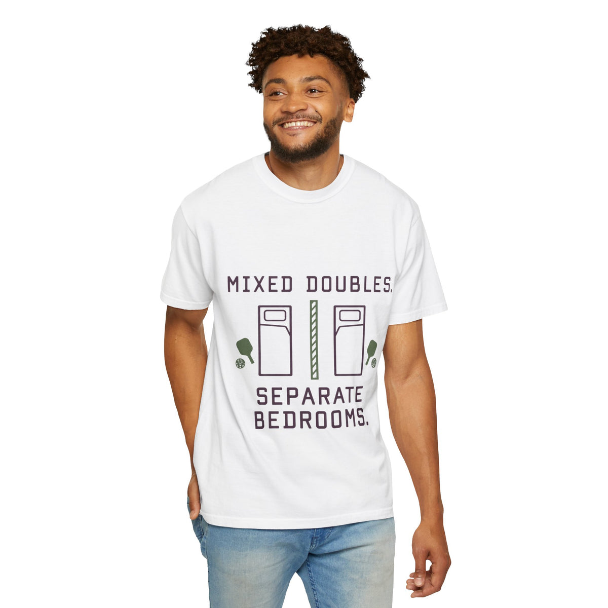 T-Shirt — “Mixed Doubles, Separate Bedrooms” Tennis Couples Humor Tee