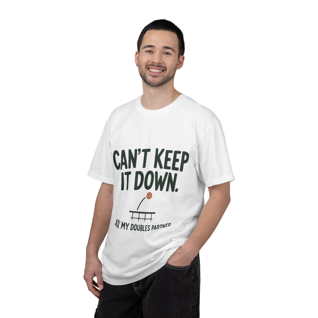 Can't Keep It Down Tennis T‑Shirt — "Ask My Doubles Partner" Funny Tennis Tee