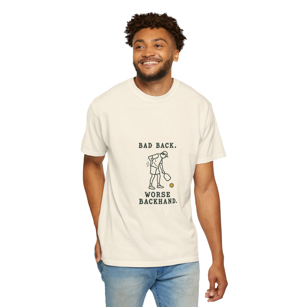 Golf Humor T-Shirt — "Bad Back, Worse Backhand" Graphic Tee