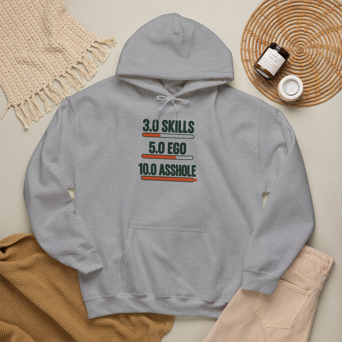 Hoodie: "3.0 Skills • 5.0 Ego • 10.0 Asshole" Funny Graphic Pullover