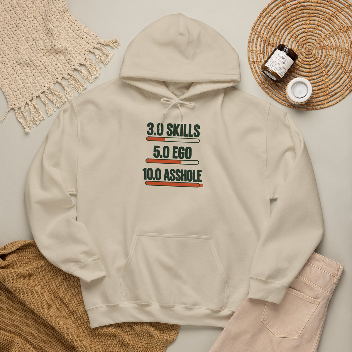 Hoodie: "3.0 Skills • 5.0 Ego • 10.0 Asshole" Funny Graphic Pullover