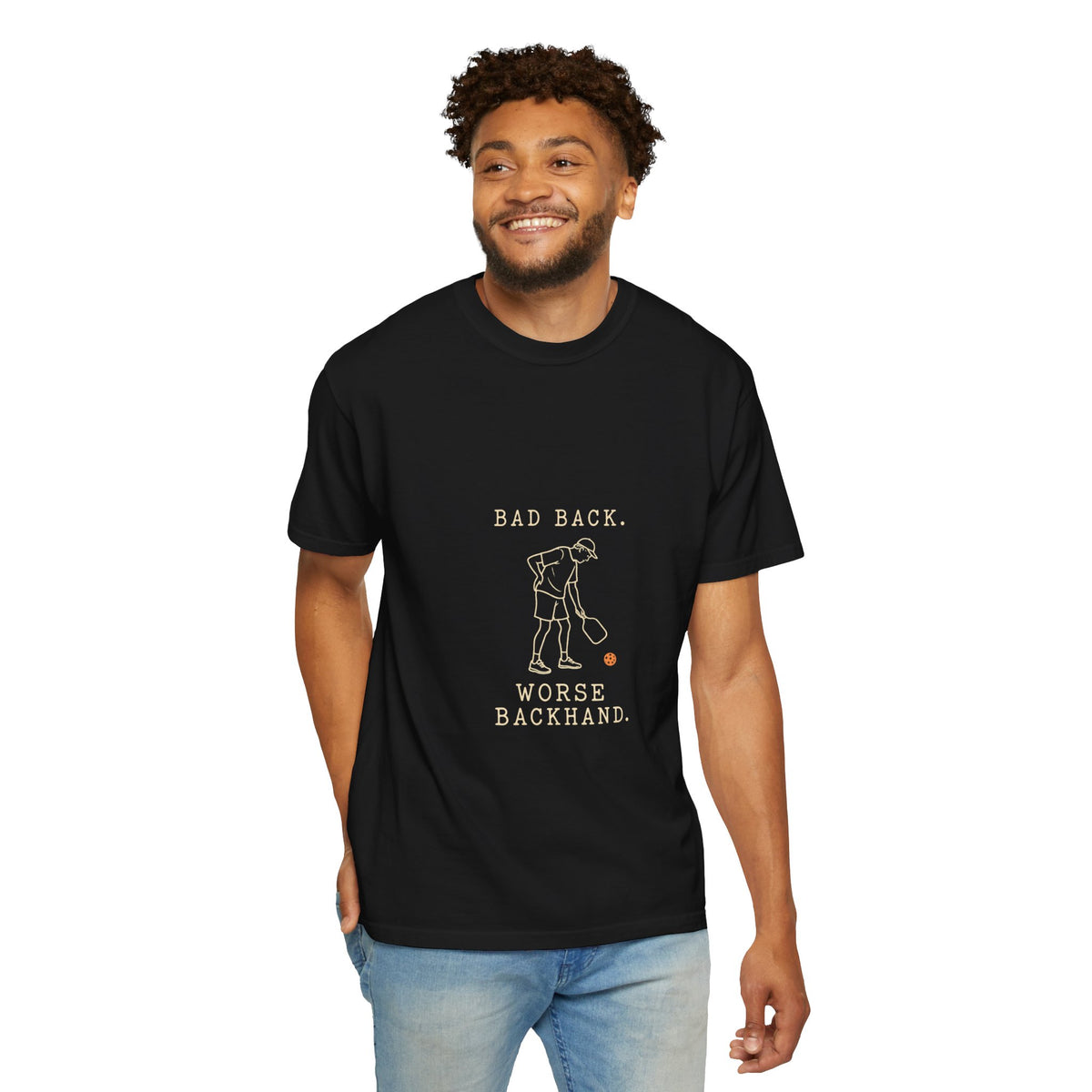 Golf Humor T-Shirt — "Bad Back, Worse Backhand" Graphic Tee