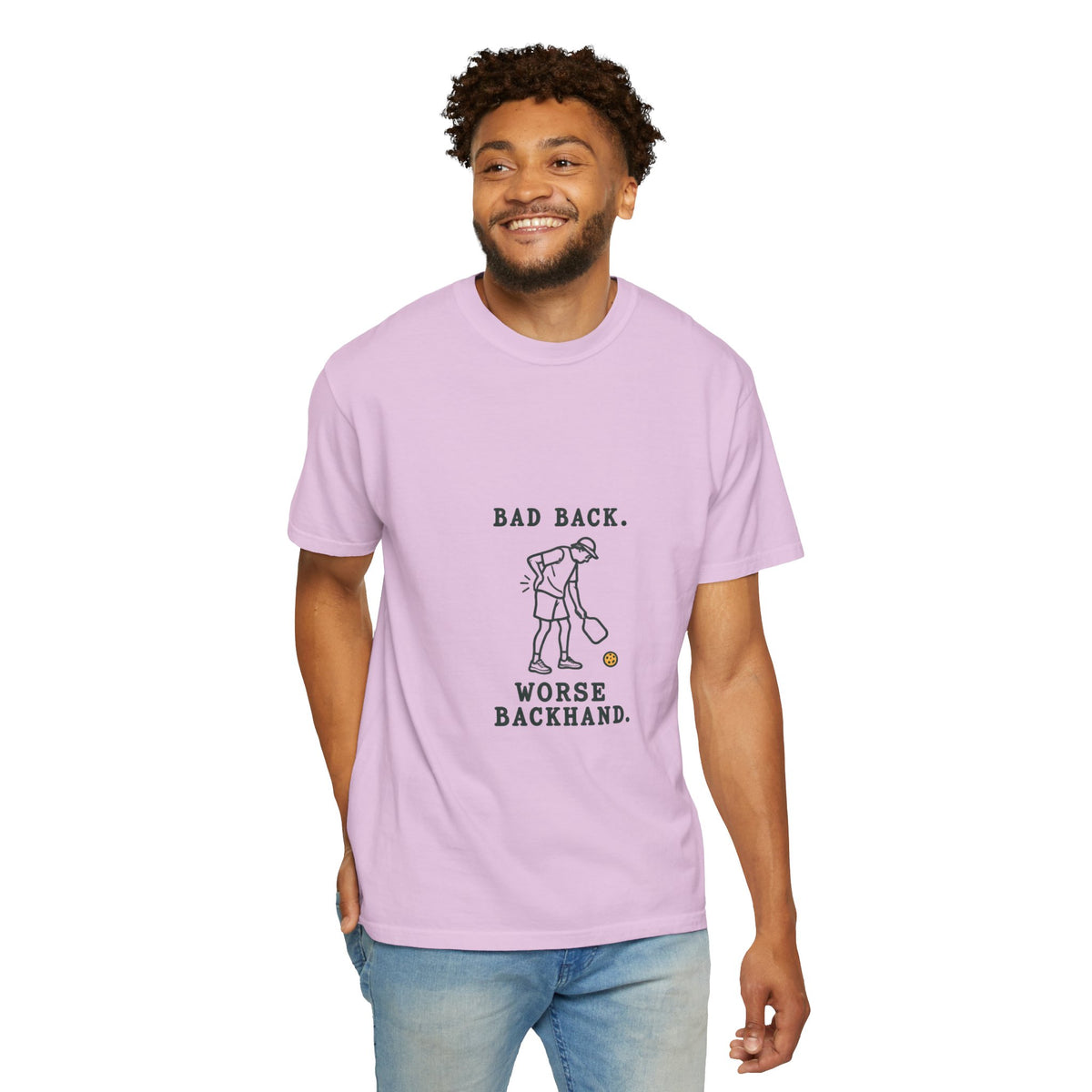 Golf Humor T-Shirt — "Bad Back, Worse Backhand" Graphic Tee
