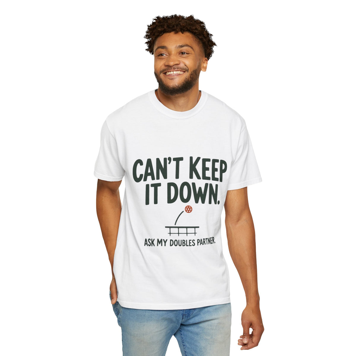 Can't Keep It Down Tennis T‑Shirt — "Ask My Doubles Partner" Funny Tennis Tee